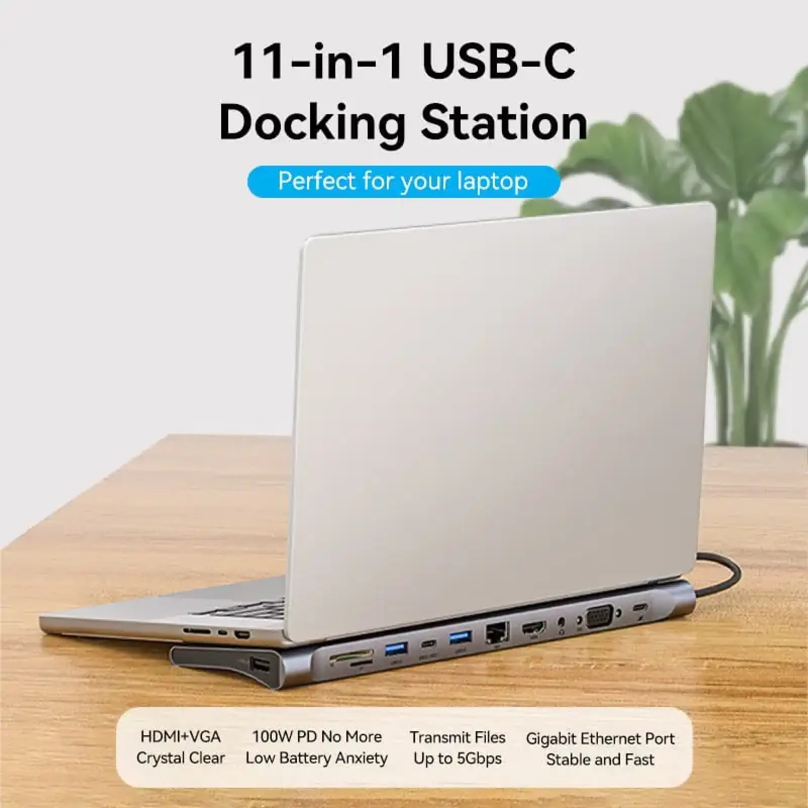 Док-станція USB3.1 Type-C --> HDMI 4K30Hz/VGA/USB3.0x3/RJ45/SD/TF/TRRS 3.5mm/PD 100W Vention 11in1 (THTHC) UA