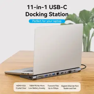 Док-станція USB3.1 Type-C --> HDMI 4K30Hz/VGA/USB3.0x3/RJ45/SD/TF/TRRS 3.5mm/PD 100W Vention 11in1 (THTHC) UA