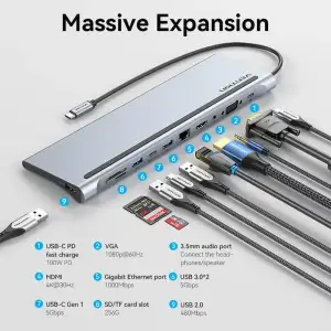 Док-станція USB3.1 Type-C --> HDMI 4K30Hz/VGA/USB3.0x3/RJ45/SD/TF/TRRS 3.5mm/PD 100W Vention 11in1 (THTHC) UA