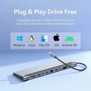 Док-станція USB3.1 Type-C --> HDMI 4K30Hz/VGA/USB3.0x3/RJ45/SD/TF/TRRS 3.5mm/PD 100W Vention 11in1 (THTHC) UA