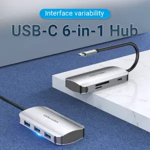 Док станція USB 3.1 Type-C -> 3хUSB 3.0/SD/TF/PD 100W 6-in-1 Vention (TNHHB) UA