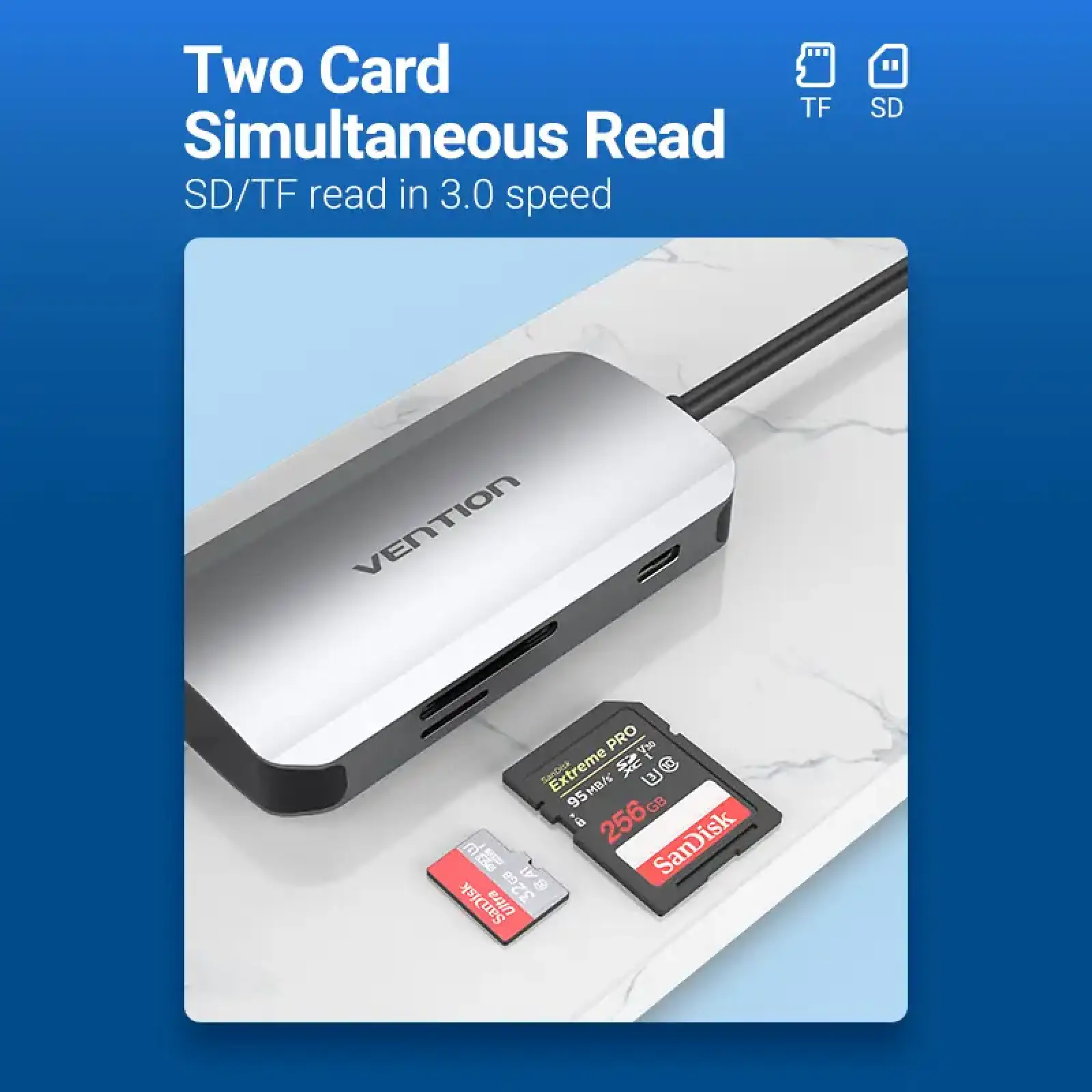 Док станція USB 3.1 Type-C -> 3хUSB 3.0/SD/TF/PD 100W 6-in-1 Vention (TNHHB) UA