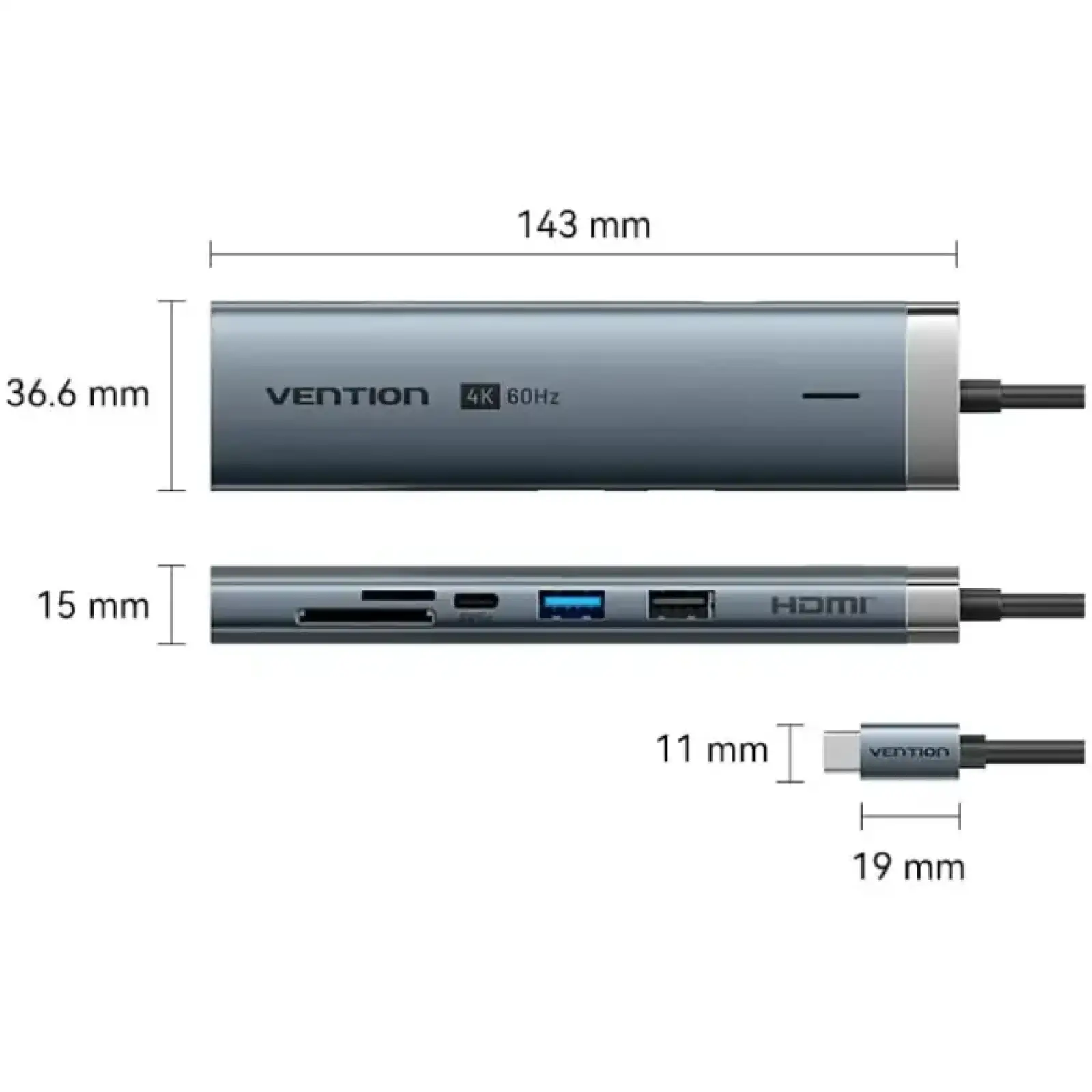 Док-станція USB3.2 Type-C --> HDMI 4K60Hz/USB 3.0/USB2.0/RJ45/SD/TF/PD 100W Hub 8-in-1 Vention (TGUHB) UA