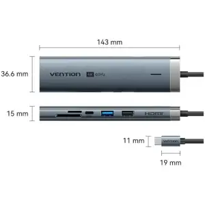 Док-станція USB3.2 Type-C --> HDMI 4K60Hz/USB 3.0/USB2.0/RJ45/SD/TF/PD 100W Hub 8-in-1 Vention (TGUHB) UA