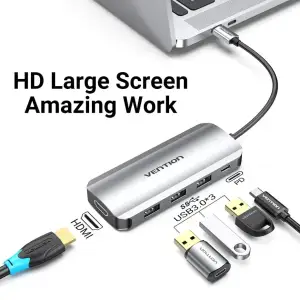 Док-станція USB3.1 Type-C --> HDMI 4K30Hz/USB 3.0х3//PD 100W 5-in-1 Vention (THFHB) UA