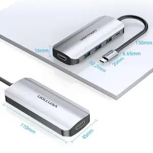 Док-станція USB3.1 Type-C --> HDMI 4K30Hz/USB 3.0х3//PD 100W 5-in-1 Vention (THFHB) UA