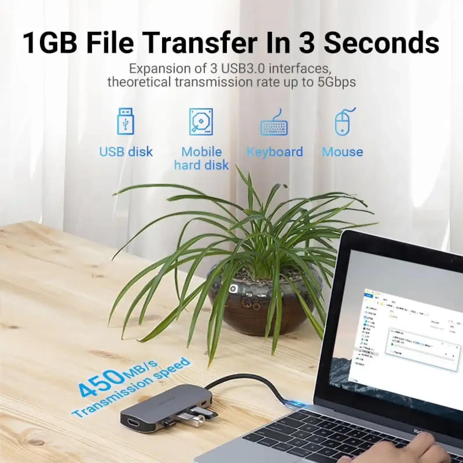 Док-станція USB3.1 Type-C --> HDMI 4K30Hz/USB 3.0х3//PD 100W 5-in-1 Vention (THFHB) UA