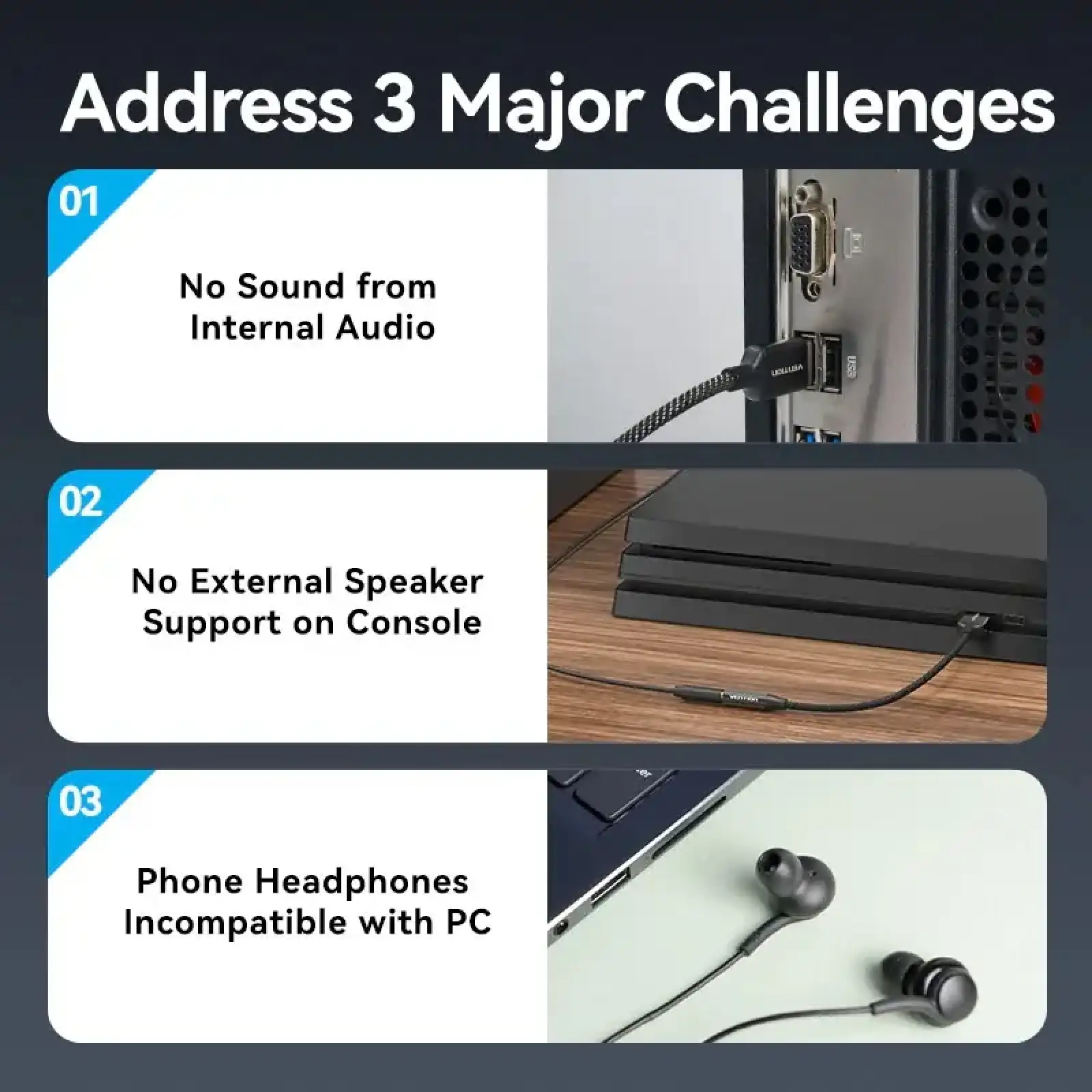 Звукова карта USB AUX jack, TRRS Ear, 0.25 м 96 кГц/24 біт 2-в-1 DSP шумозаглушення Vention (CVEBC) UA