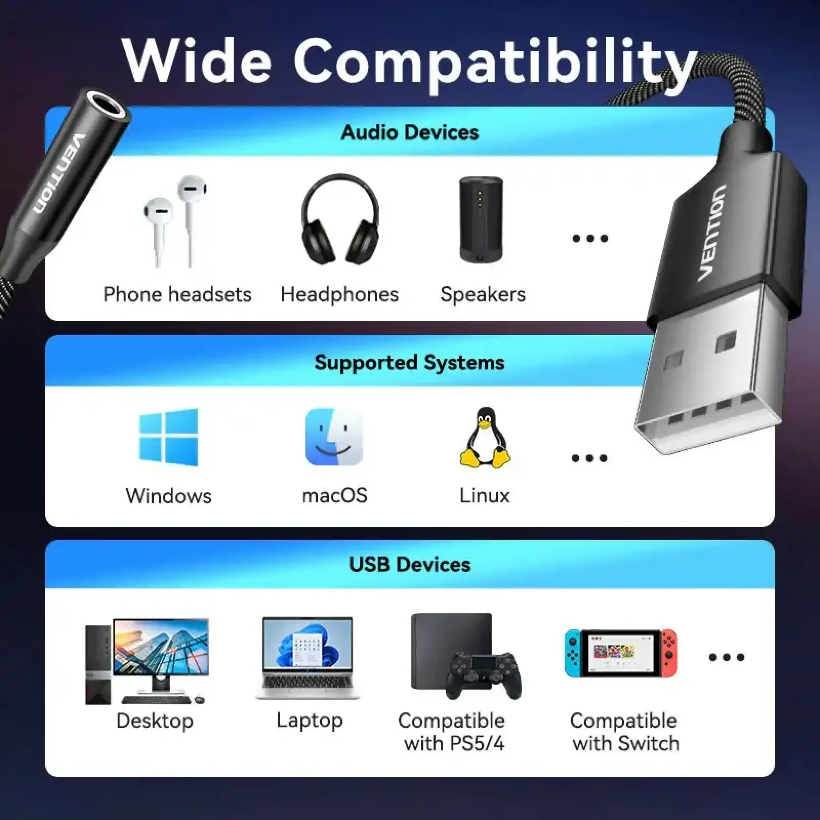 Звукова карта USB AUX jack, TRRS Ear, 0.25 м 96 кГц/24 біт 2-в-1 DSP шумозаглушення Vention (CVEBC) UA