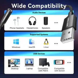 Звукова карта USB AUX jack, TRRS Ear, 0.25 м 96 кГц/24 біт 2-в-1 DSP шумозаглушення Vention (CVEBC) UA