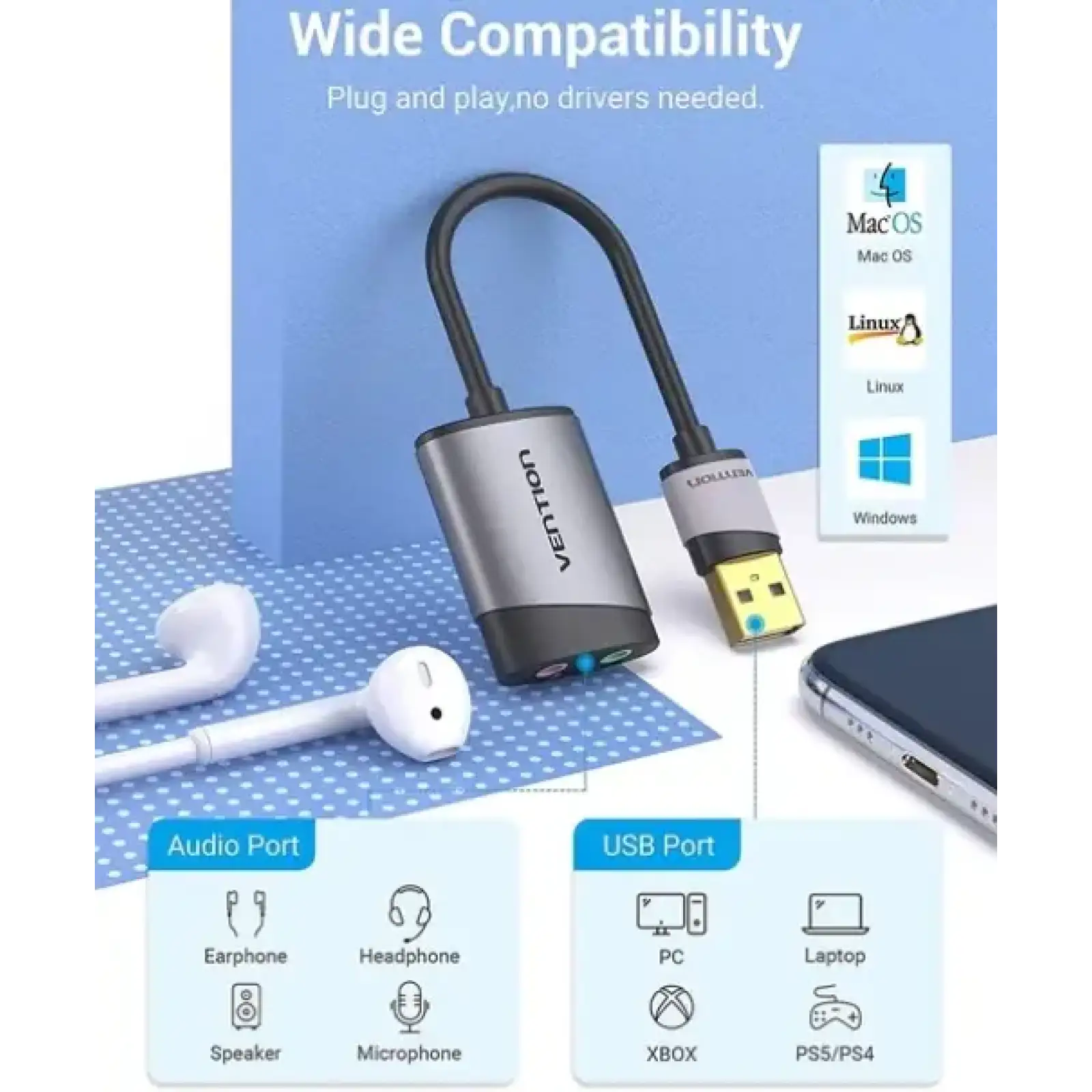 Звукова карта USB AUX jack, 2*TRRS (Mic + Ear) 0.15м, Metal Type, Vention сіра (CDKHB) UA