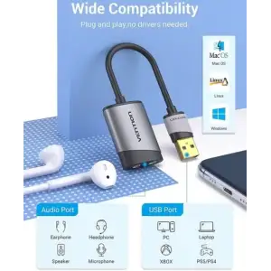 Звукова карта USB AUX jack, 2*TRRS (Mic + Ear) 0.15м, Metal Type, Vention сіра (CDKHB) UA