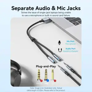 Звукова карта USB AUX jack, 2*TRS (Mic + Ear) 0.25м, обплетення, Aluminum Alloy Vention (CVHHC) UA
