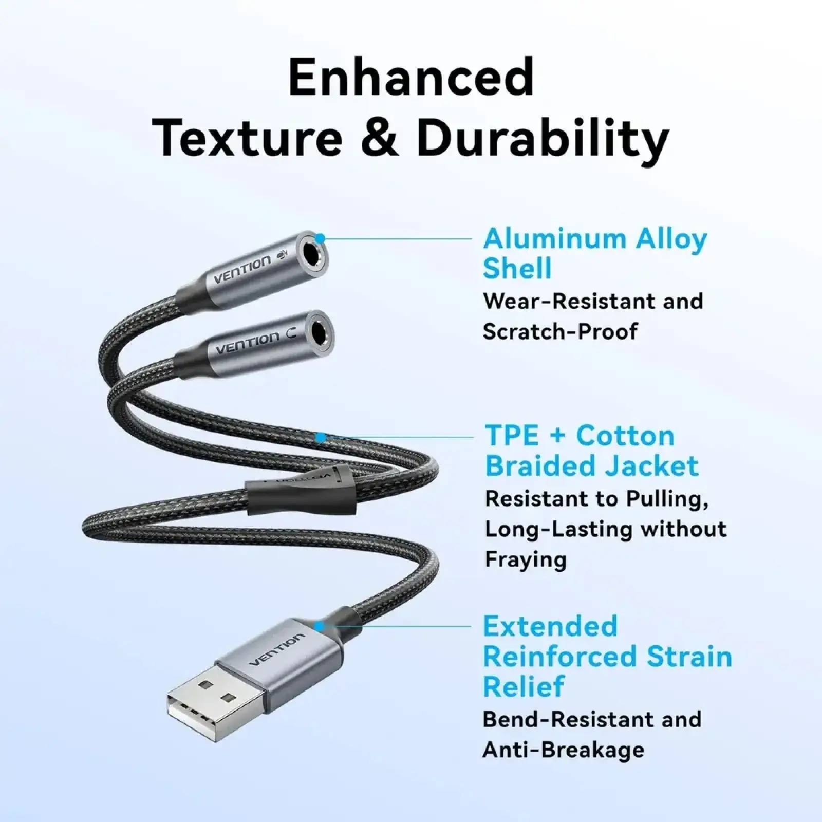 Звукова карта USB AUX jack, 2*TRS (Mic + Ear) 0.25м, обплетення, Aluminum Alloy Vention (CVHHC) UA