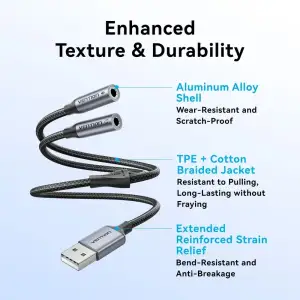 Звукова карта USB AUX jack, 2*TRS (Mic + Ear) 0.25м, обплетення, Aluminum Alloy Vention (CVHHC) UA