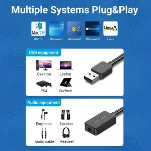 Звукова карта USB AUX jack, 1*TRS, 0.15м, OMTP/CTIA, чіп шумозаглушення, чорна Vention (CDZB0) UA