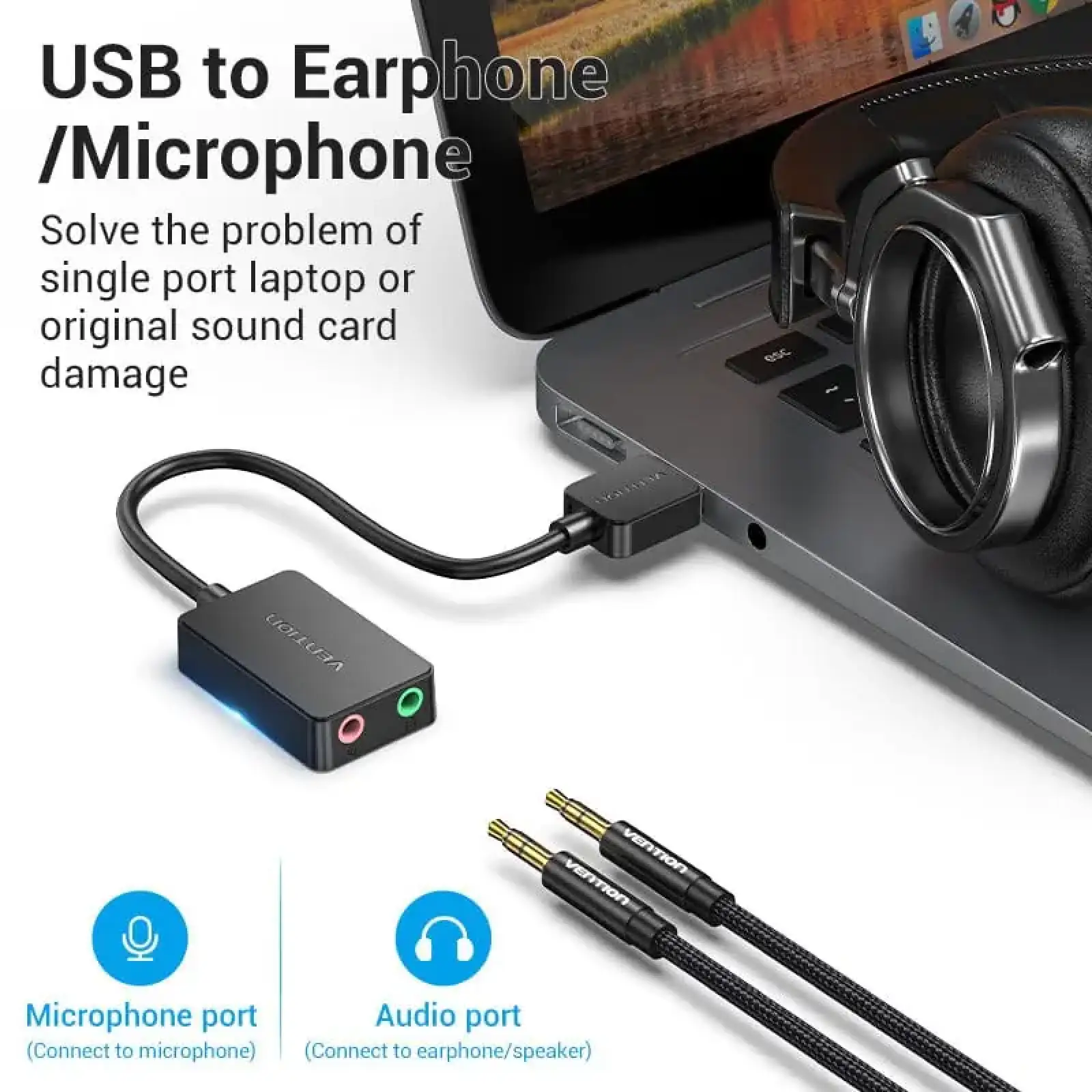 Звукова карта USB AUX jack, 2*TRRS (Mic + Ear) 1м Vention чорна (CDYBF) UA