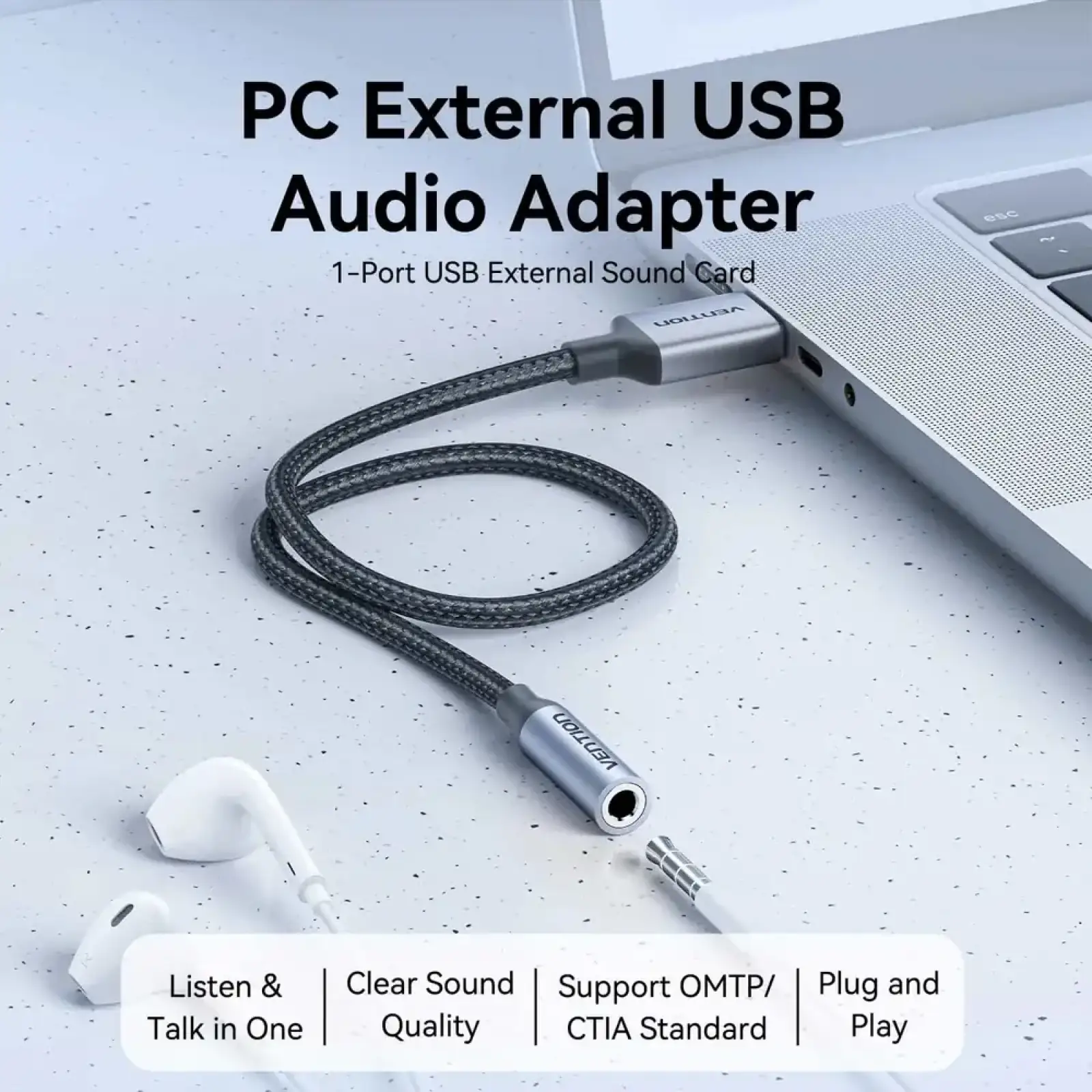 Звукова карта USB AUX jack, TRRS, 0.25м, OMTP та CTIA, обплетення, Vention (CVFHC) UA