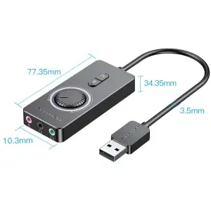 Звукова карта USB AUX jack, 3*TRRS (Mic +2xEar) 1.0м, регулятор гучності, зовнішня, Metal, Vention (CDRBF) UA