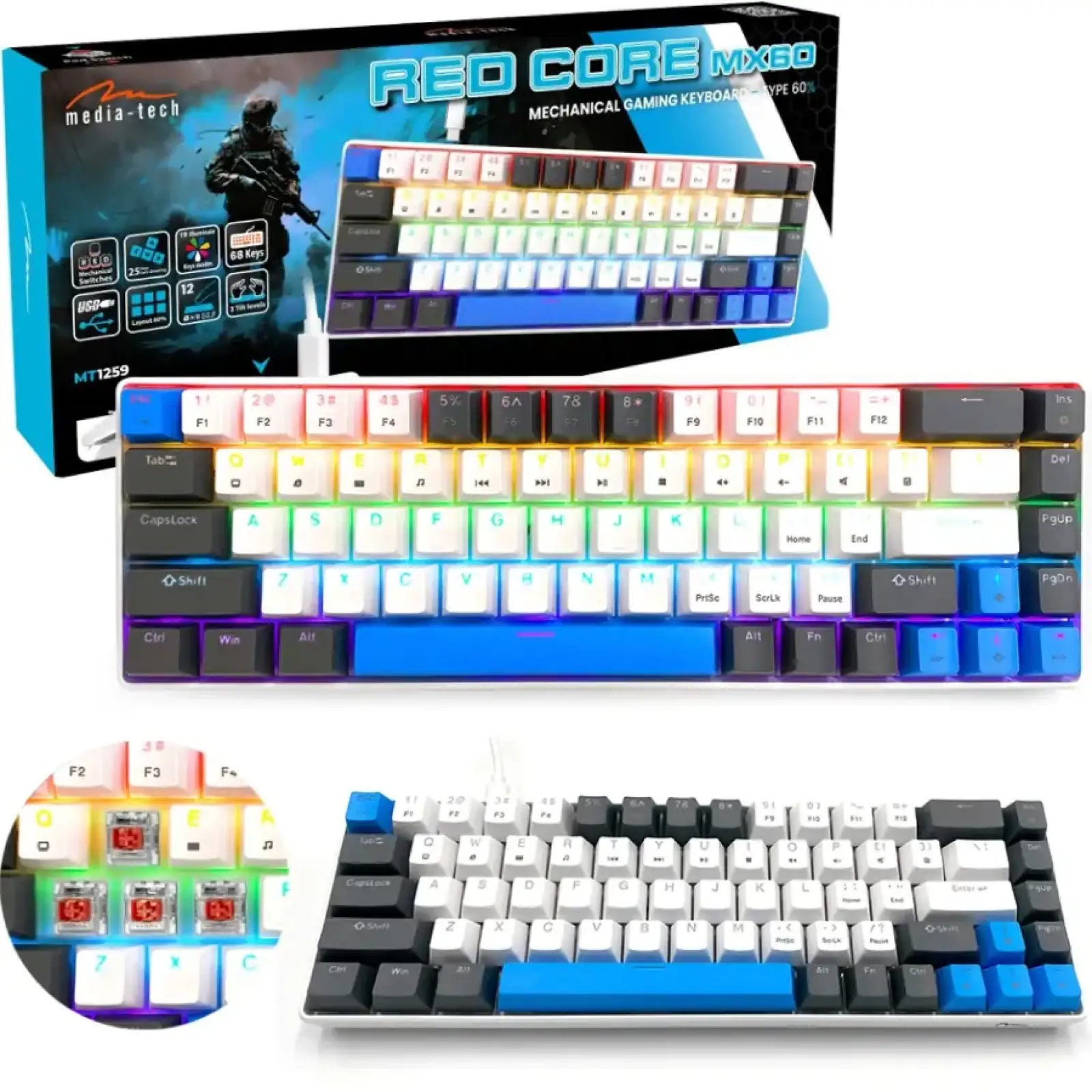 Клавіатура ігрова механічна Media-Tech MT1259 RED CORE MX60, Anti-Ghosting 68кл, PC/Mac UA