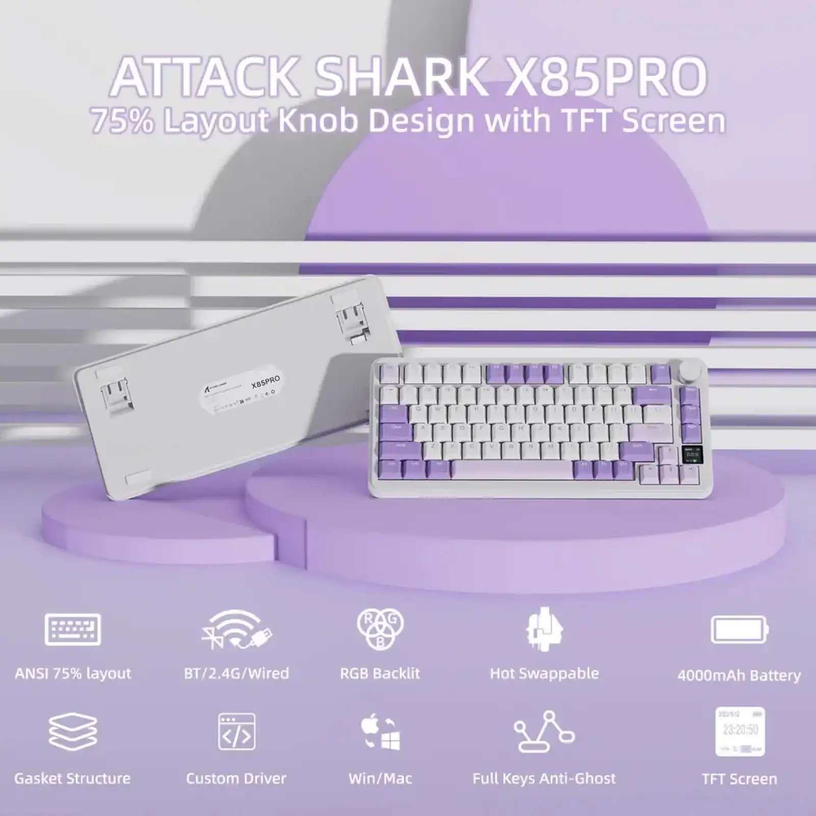 Клавіатура ігрова механічна Attack Shark X85PRO 82кл. RGB, Wireless, Lavender (X85PROL_AS) UA