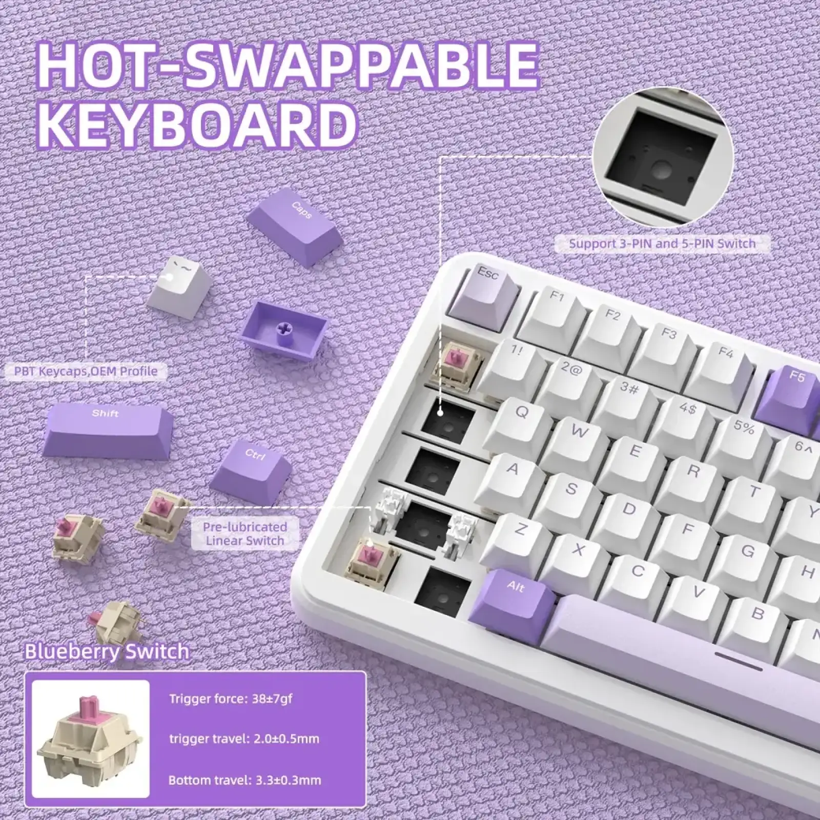 Клавіатура ігрова механічна Attack Shark X85PRO 82кл. RGB, Wireless, Lavender (X85PROL_AS) UA