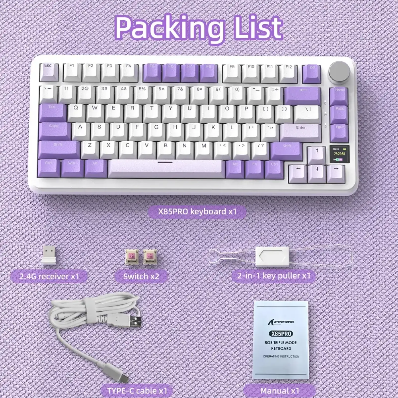 Клавіатура ігрова механічна Attack Shark X85PRO 82кл. RGB, Wireless, Lavender (X85PROL_AS) UA