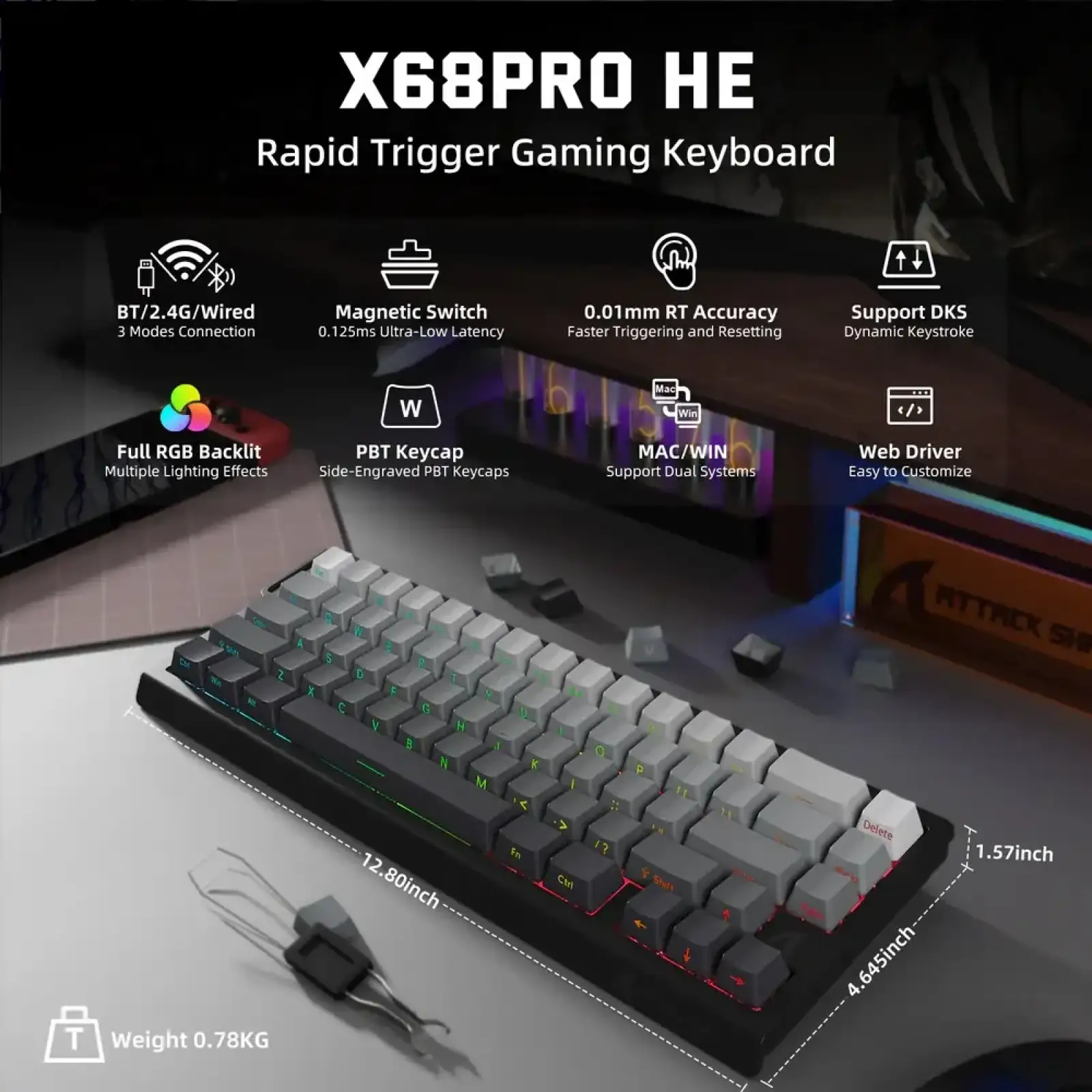 Клавіатура ігрова магнітна Attack Shark X68 Pro HE 66кл. RGB, Wireless, Moonlit Night (X68PROHEML_AS) UA