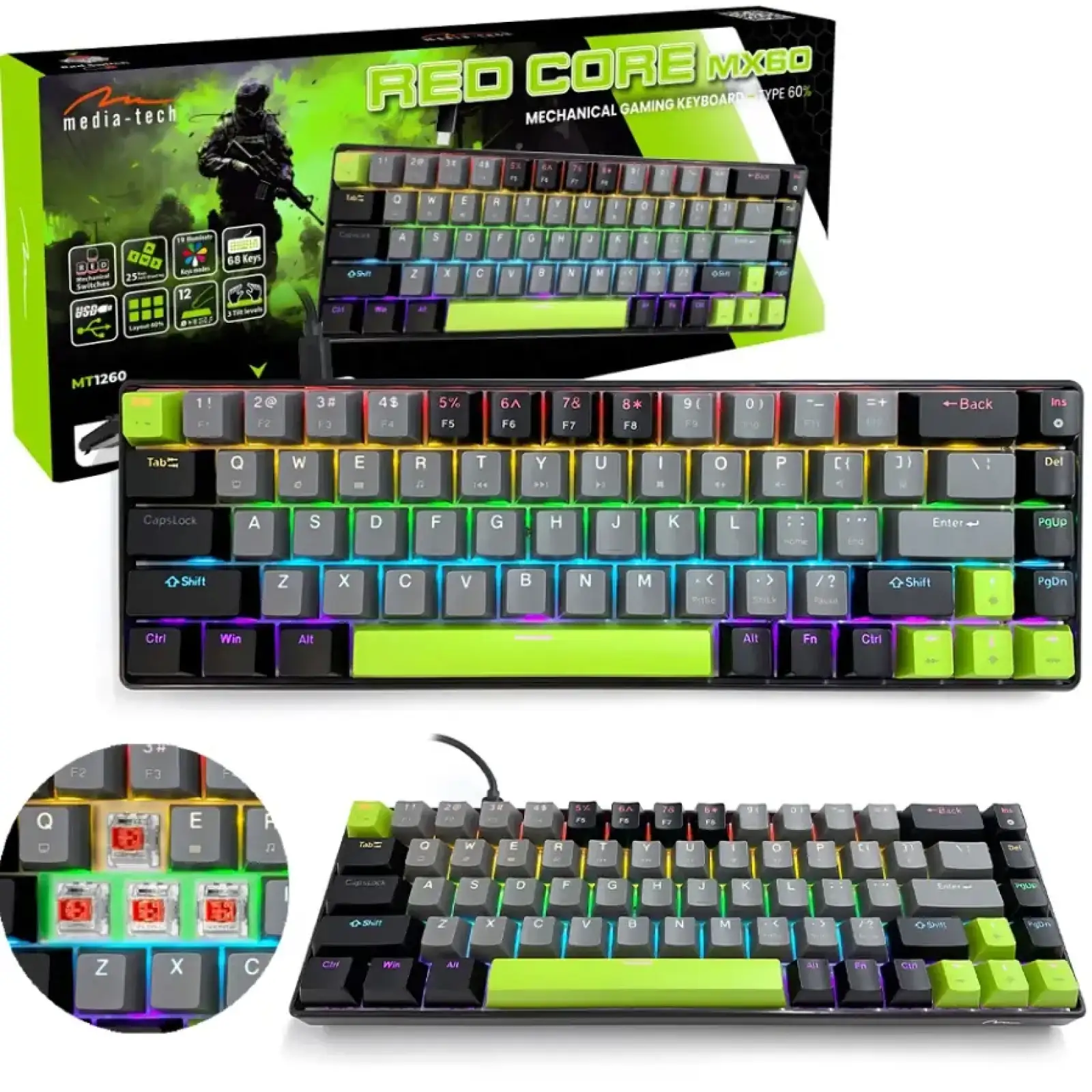 Клавіатура ігрова механічна Media-Tech MT1260 RED CORE MX60, Anti-Ghosting, 68кл, PC/Mac UA