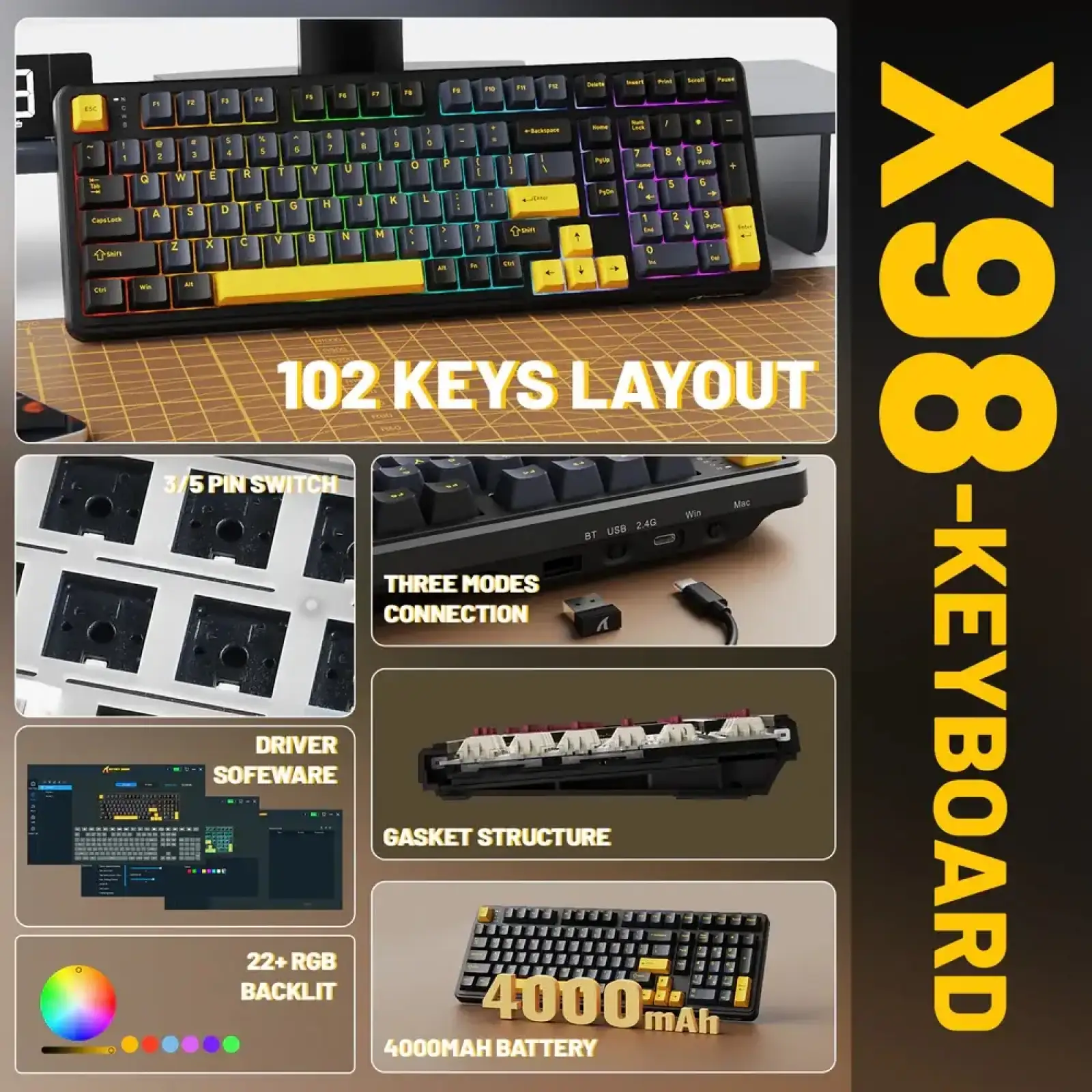 Клавіатура ігрова механічна Attack Shark X98 102кл. RGB, Wireless Tri-Mode, Star Black (X98SB_AS) UA