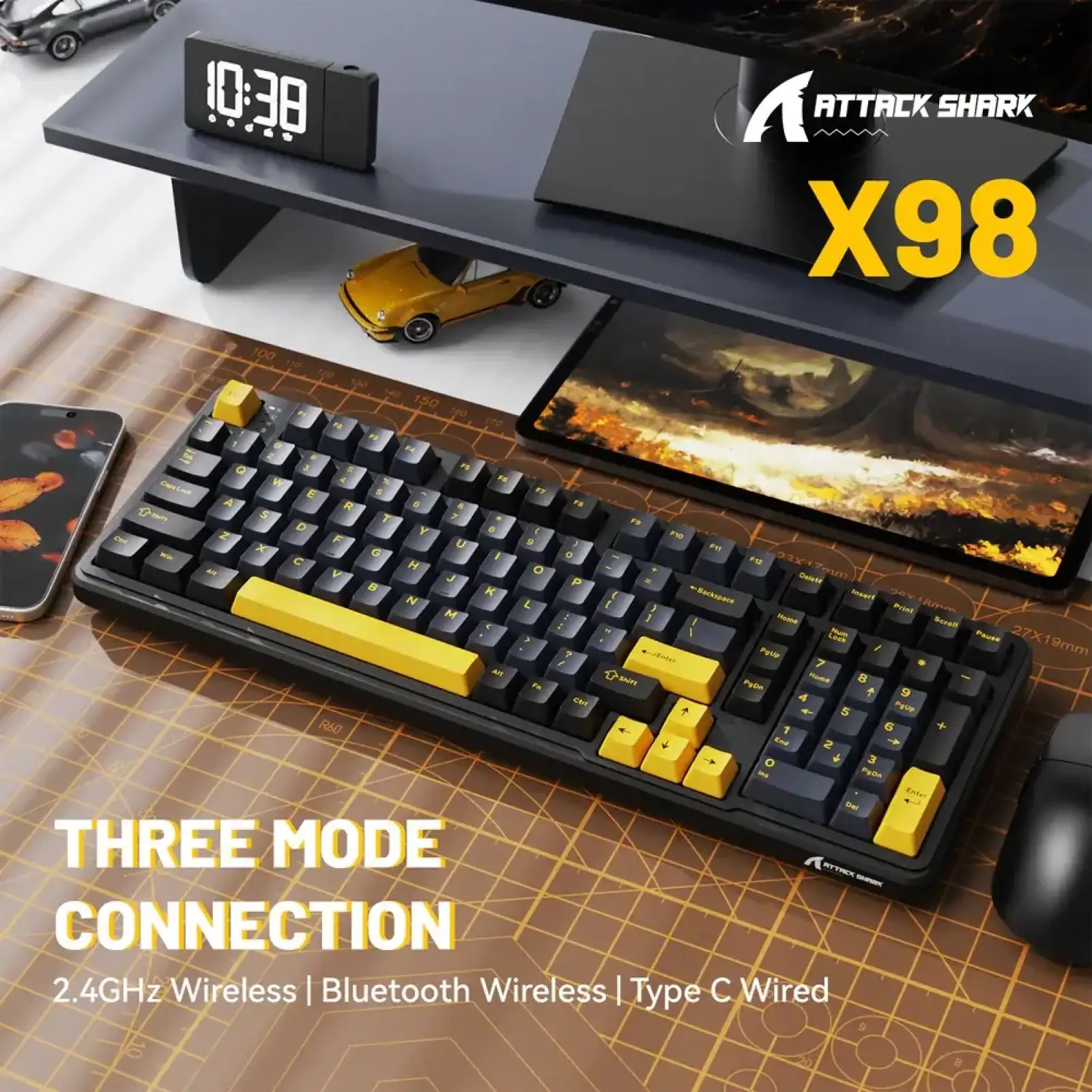 Клавіатура ігрова механічна Attack Shark X98 102кл. RGB, Wireless Tri-Mode, Star Black (X98SB_AS) UA
