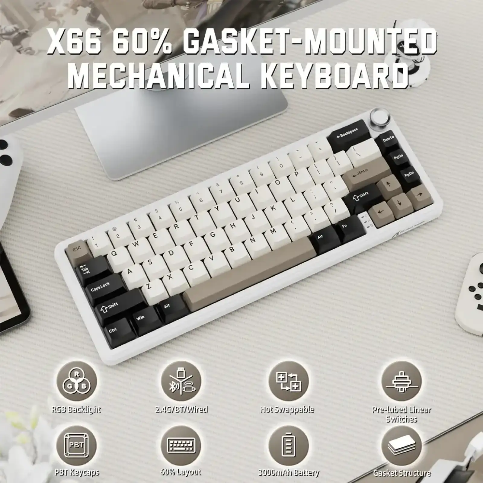 Клавиатура Attack Shark X66 RGB Wireless Cheese White (X66CW_AS) UA