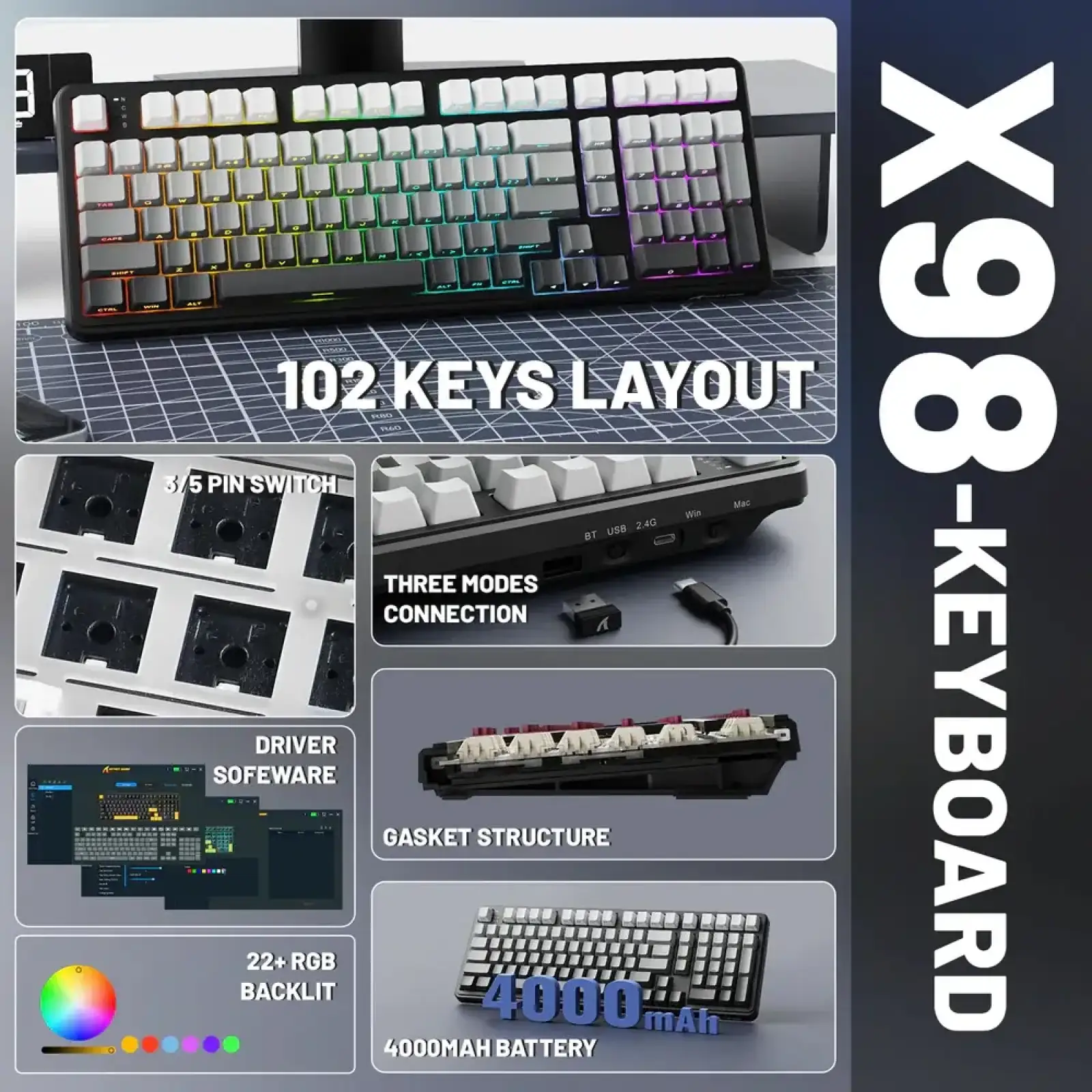 Клавіатура Attack Shark X98 RGB Wireless Moonlight Night (X98ML_AS) UA