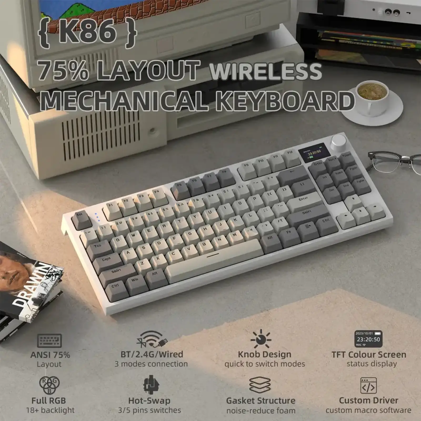 Клавіатура ігрова механічна Attack Shark K86 87кл.RGB,Wireless, Business Gray (K86BG_AS) UA