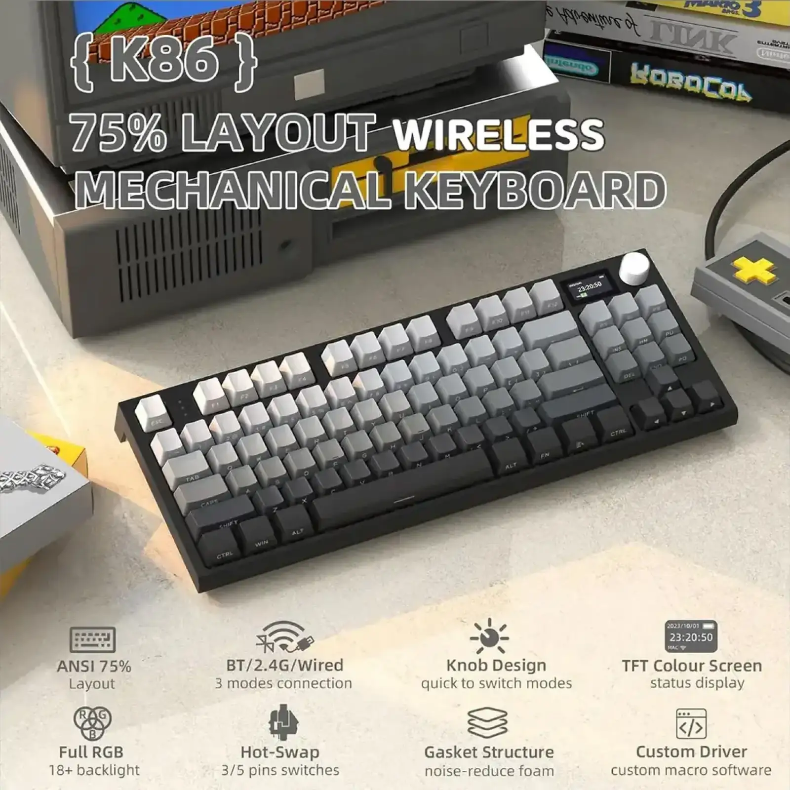 Клавіатура ігрова механічна Attack Shark K86 87кл.RGB,Wireless, Blue Whale перемикачі,Moonlit Night (K86MN_AS) UA