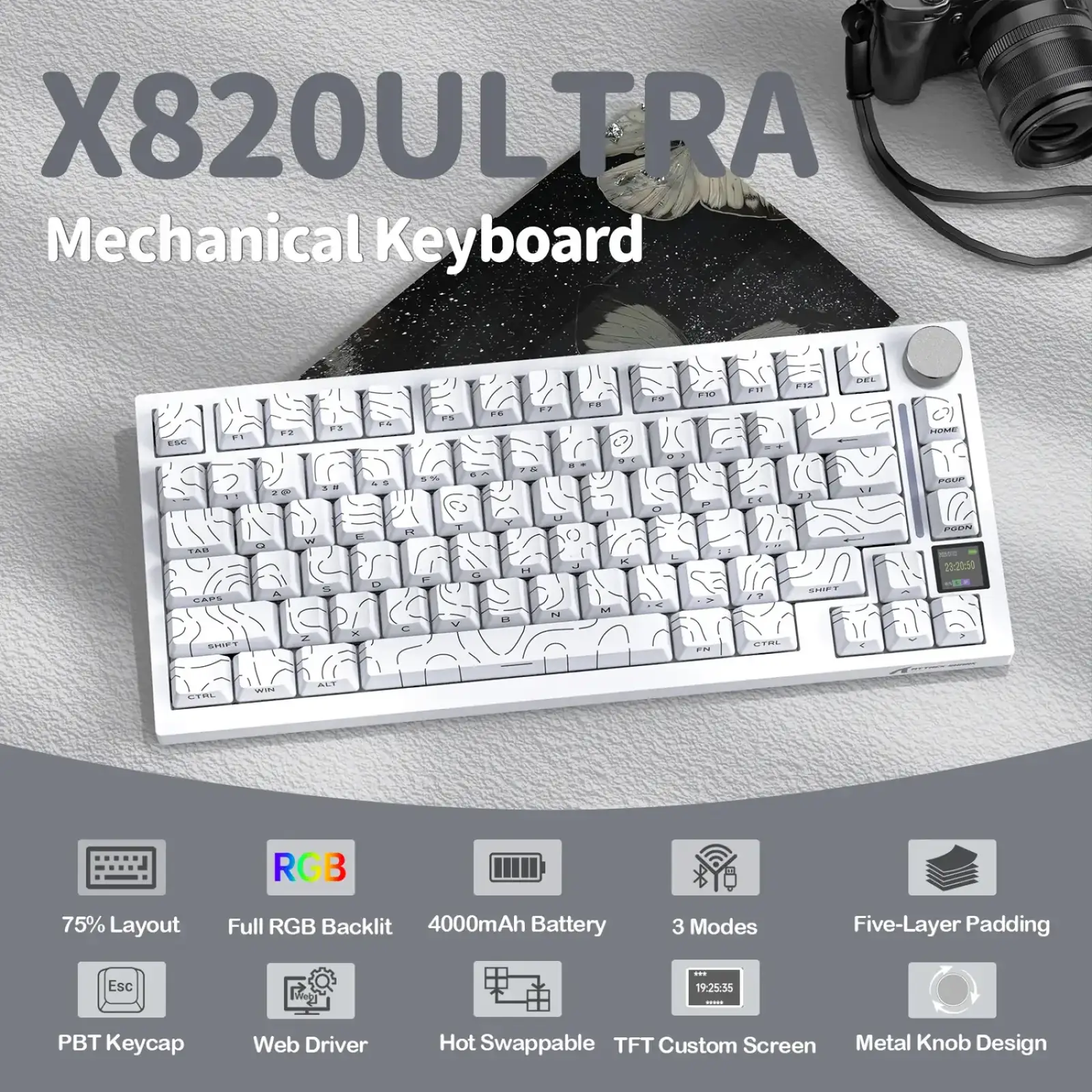Клавіатура ігрова механічна Attack Shark X820 Ultra 81кл.RGB,Wireless, Gift Axis, ENG version, White (X820ULTRAGA_AS) UA
