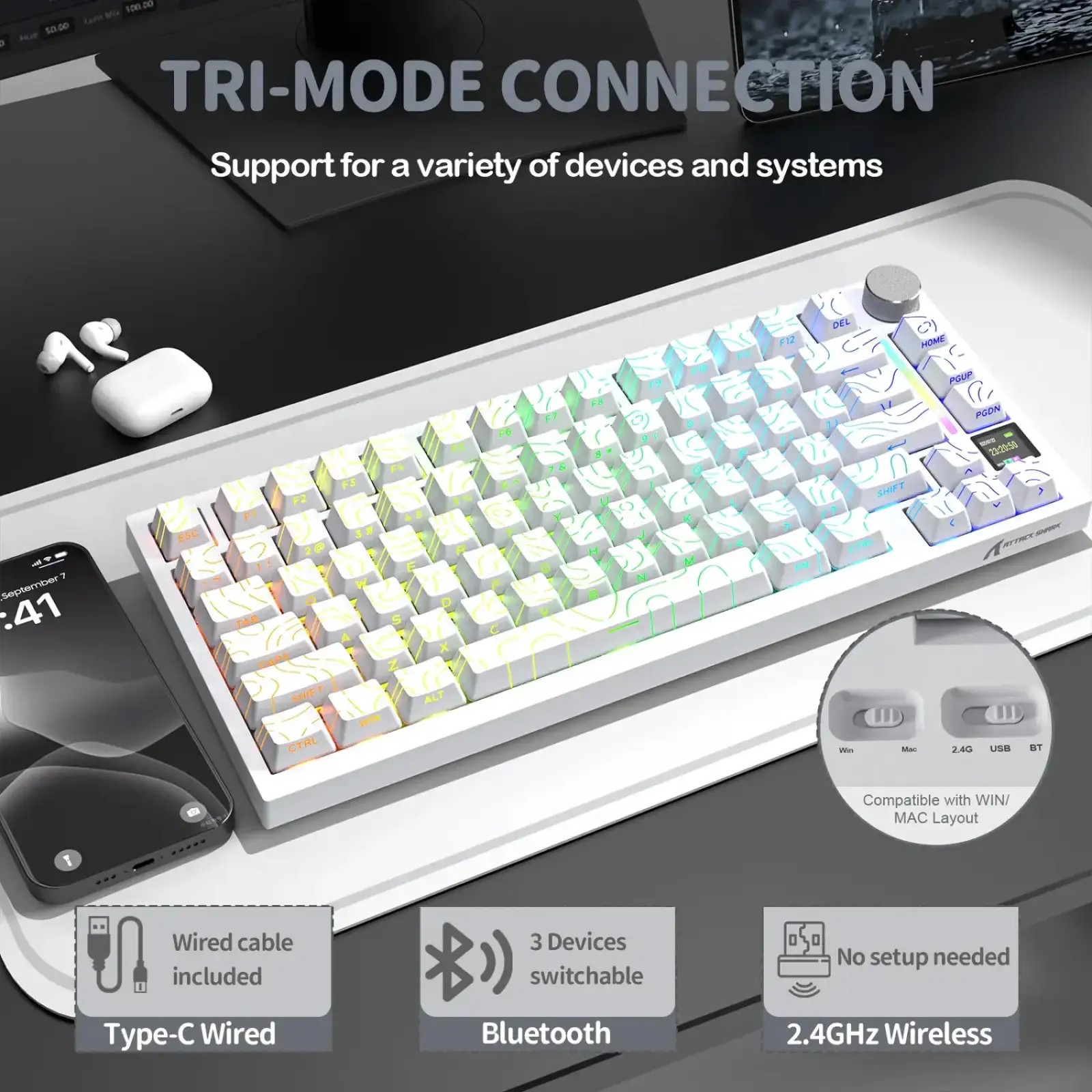 Клавіатура ігрова механічна Attack Shark X820 Ultra 81кл.RGB,Wireless, Gift Axis, ENG version, White (X820ULTRAGA_AS) UA