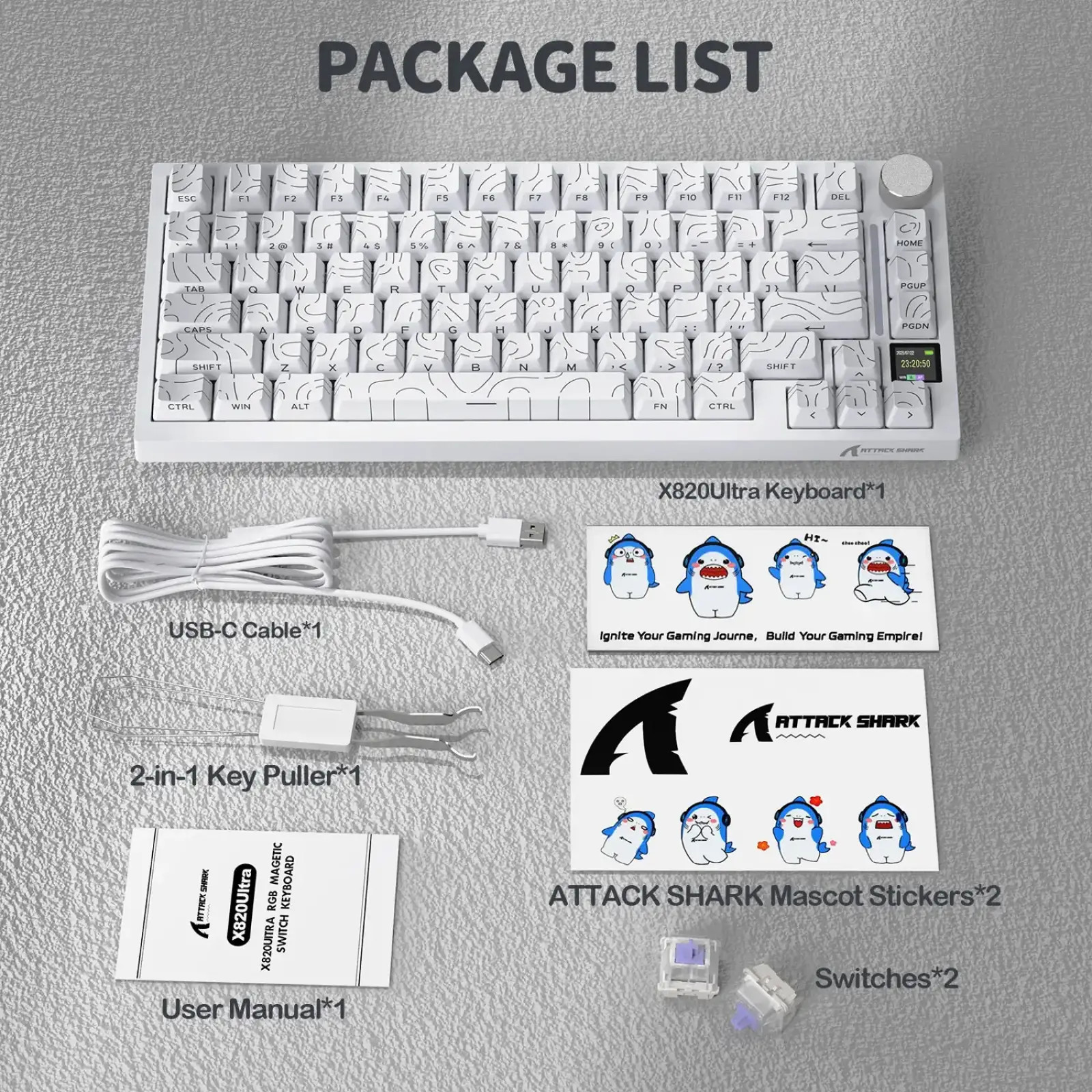 Клавіатура ігрова механічна Attack Shark X820 Ultra 81кл.RGB,Wireless, Gift Axis, ENG version, White (X820ULTRAGA_AS) UA