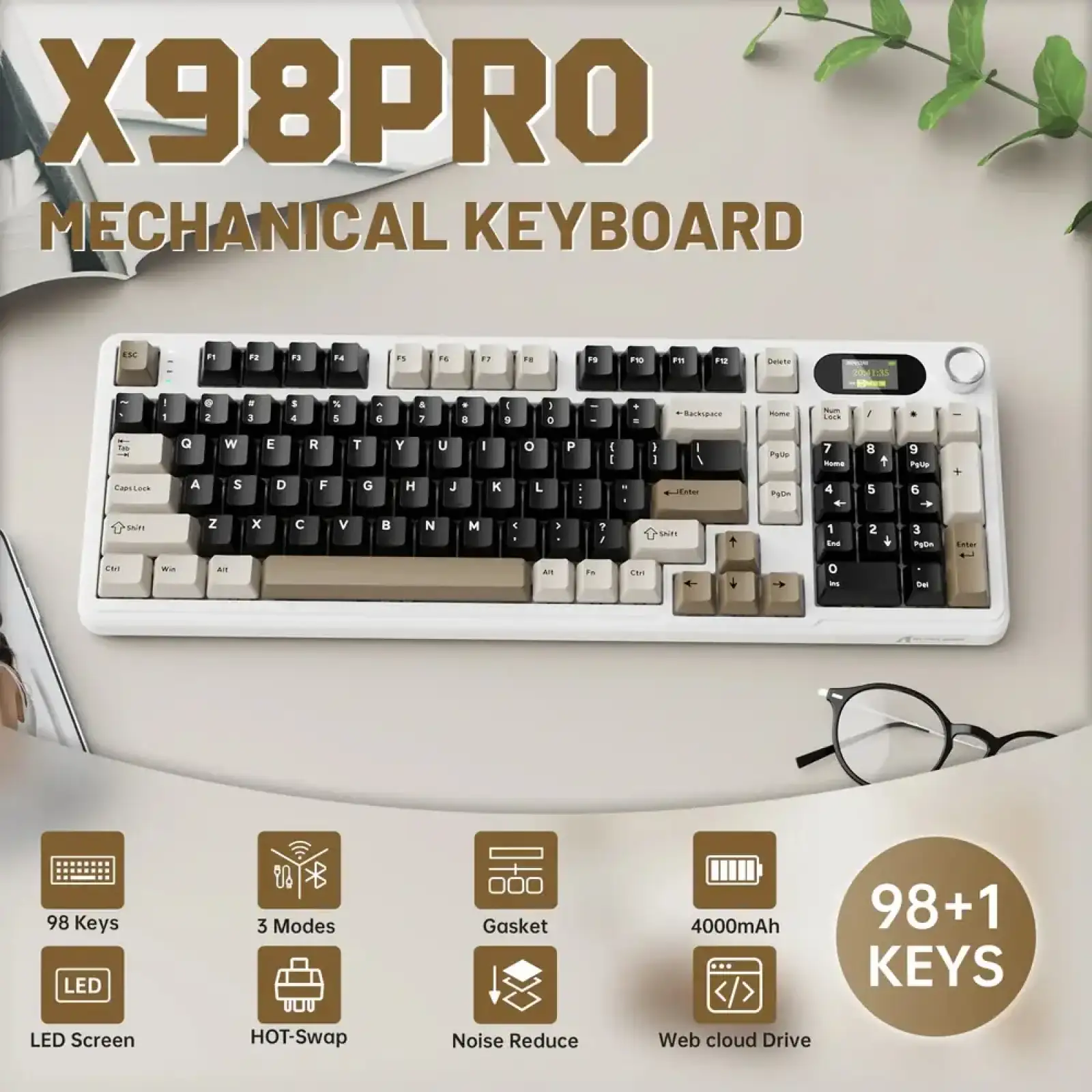 Клавіатура ігрова механічна Attack Shark X98 Pro 99кл. RGB, Wireless, ENG version, Cheese white (X98PROCW_AS) UA