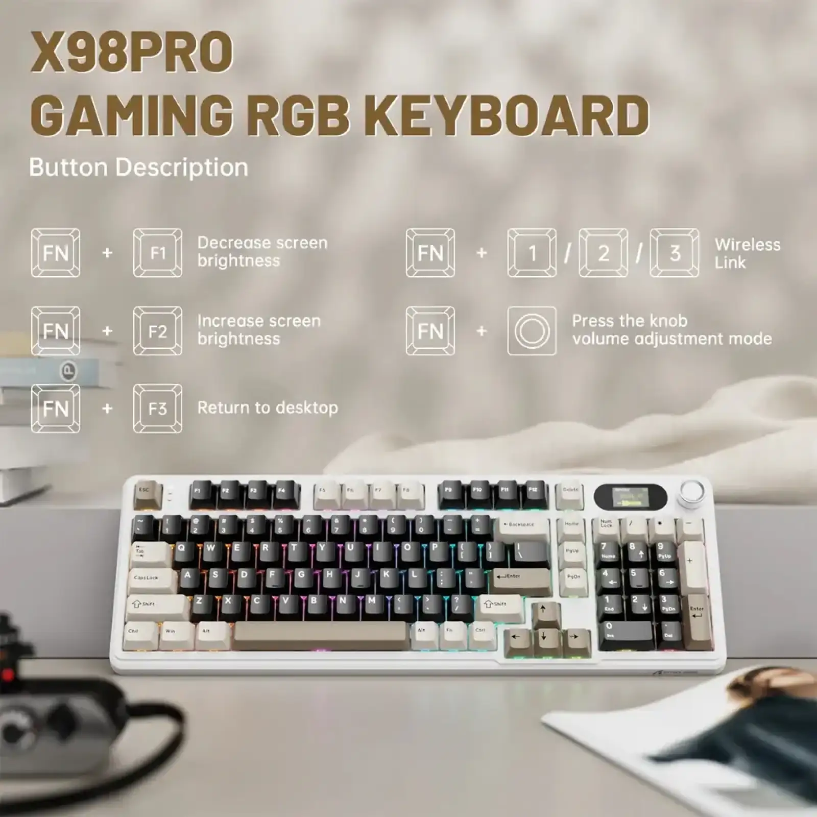 Клавіатура ігрова механічна Attack Shark X98 Pro 99кл. RGB, Wireless, ENG version, Cheese white (X98PROCW_AS) UA
