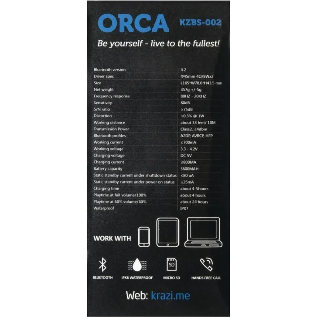 Колонка Bluetooth Speaker Krazi Orca (Waterproof) KZBS-002 Black UA