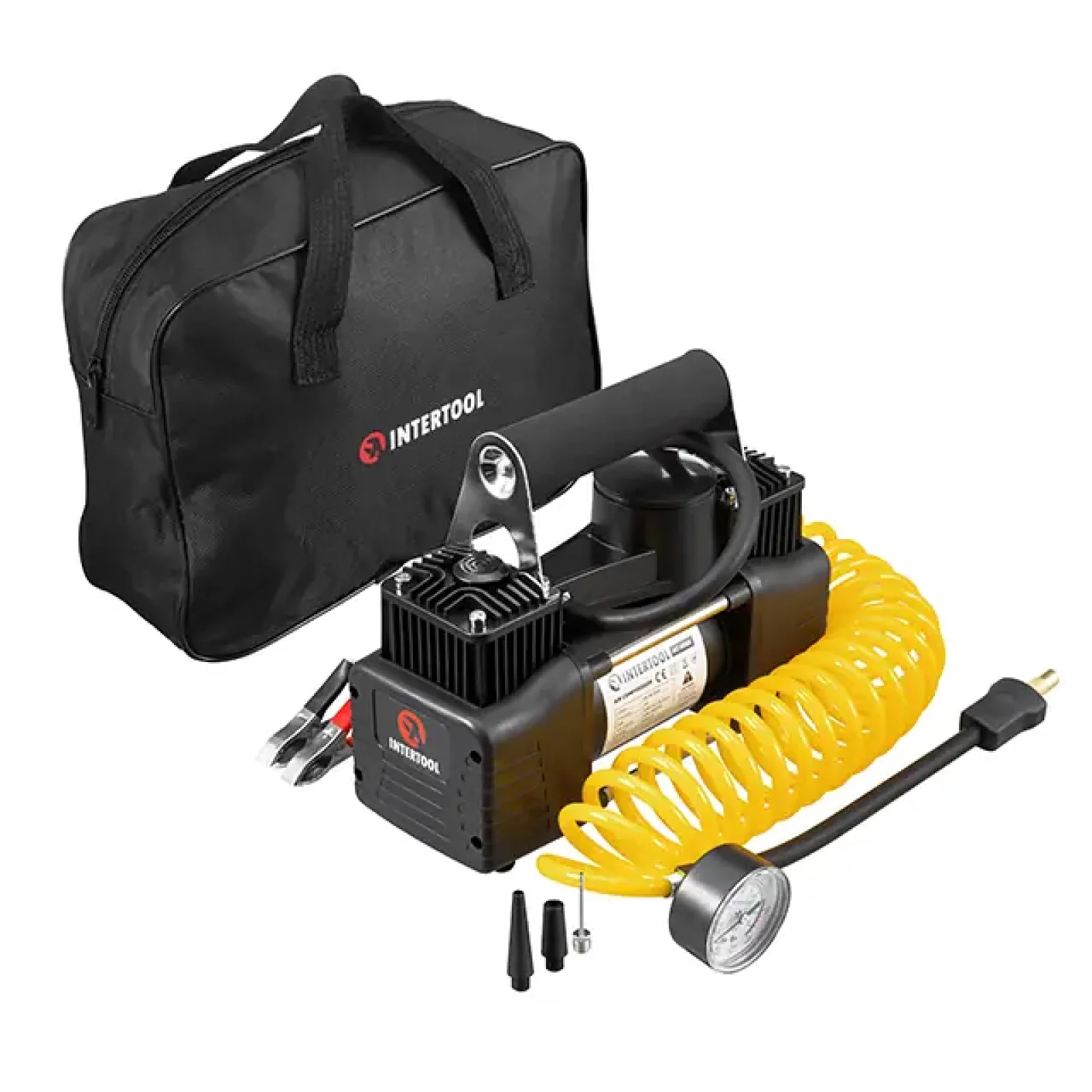 Компресор автомобільний 12 В, 25 А, циліндр 2х30 мм, макс. 10 бар, шланг 0.25*2 м + PU 4.5 м, кабель живлення 3 м INTERTOOL (AC-0005) UA
