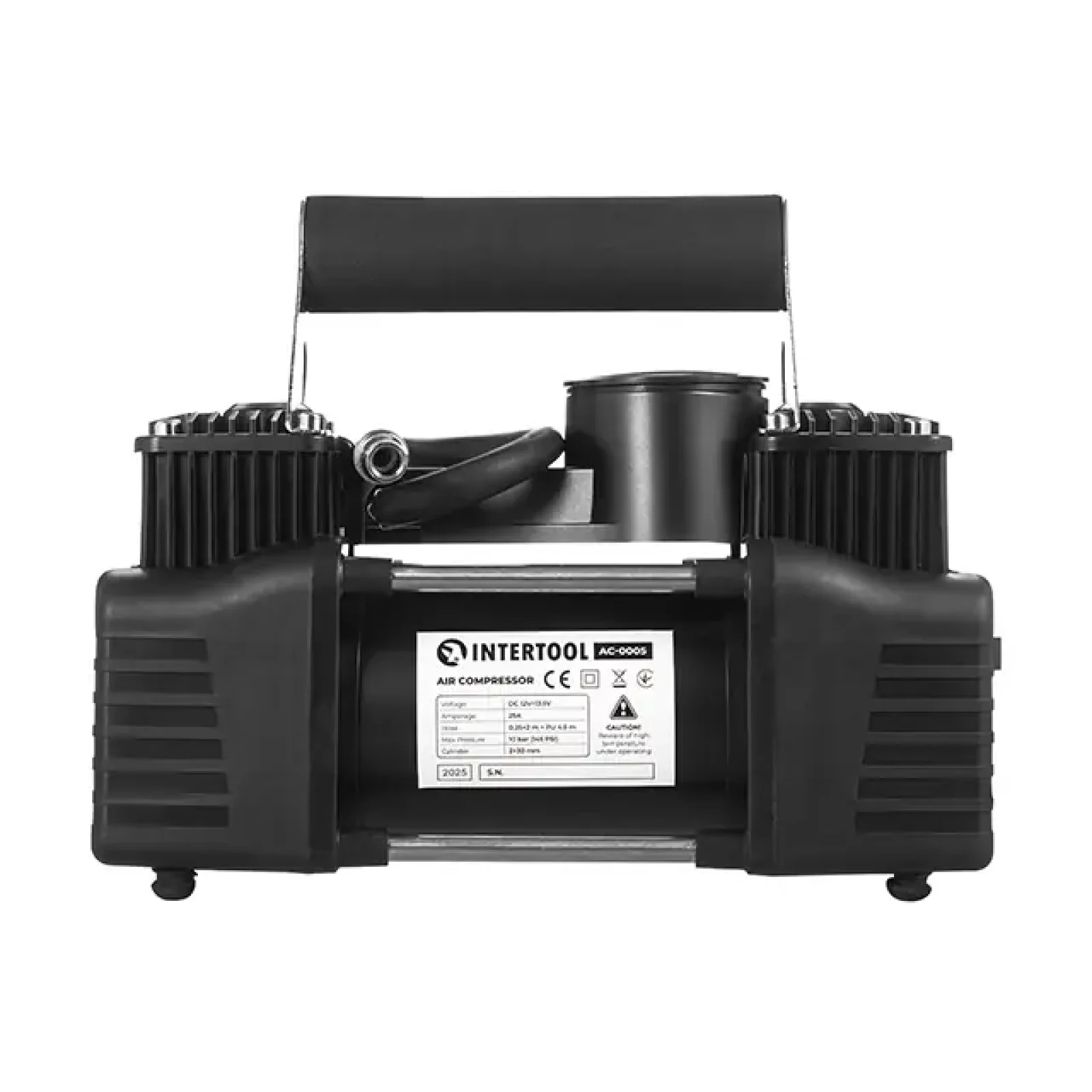 Компресор автомобільний 12 В, 25 А, циліндр 2х30 мм, макс. 10 бар, шланг 0.25*2 м + PU 4.5 м, кабель живлення 3 м INTERTOOL (AC-0005) UA