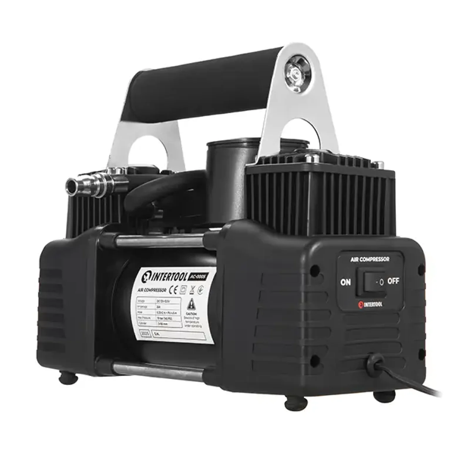 Компресор автомобільний 12 В, 25 А, циліндр 2х30 мм, макс. 10 бар, шланг 0.25*2 м + PU 4.5 м, кабель живлення 3 м INTERTOOL (AC-0005) UA
