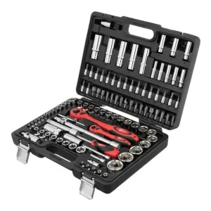 Набір інструментів, проф., 1/2" + 1/4", Cr-V, 108 од., головки: 6-гр. 4-32 мм, E4-E24, біти 35 од., подовж. головки: 6-22 мм, кейс INTERTOOL (ET-6108) UA