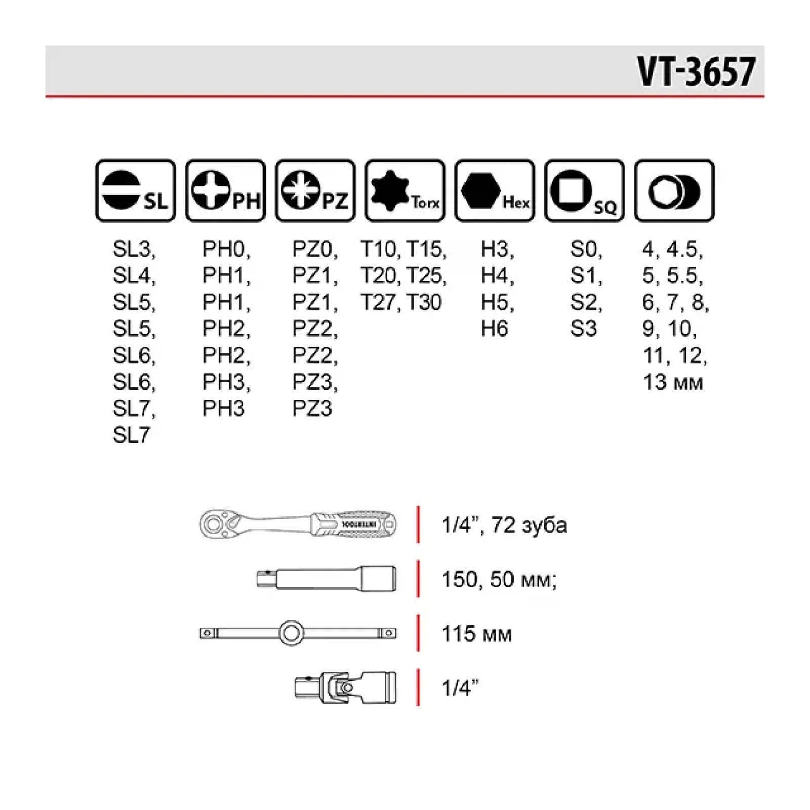 Набір викруткових насадок і головок з тріскачкою, 57 од., STORM INTERTOOL (VT-3657) UA