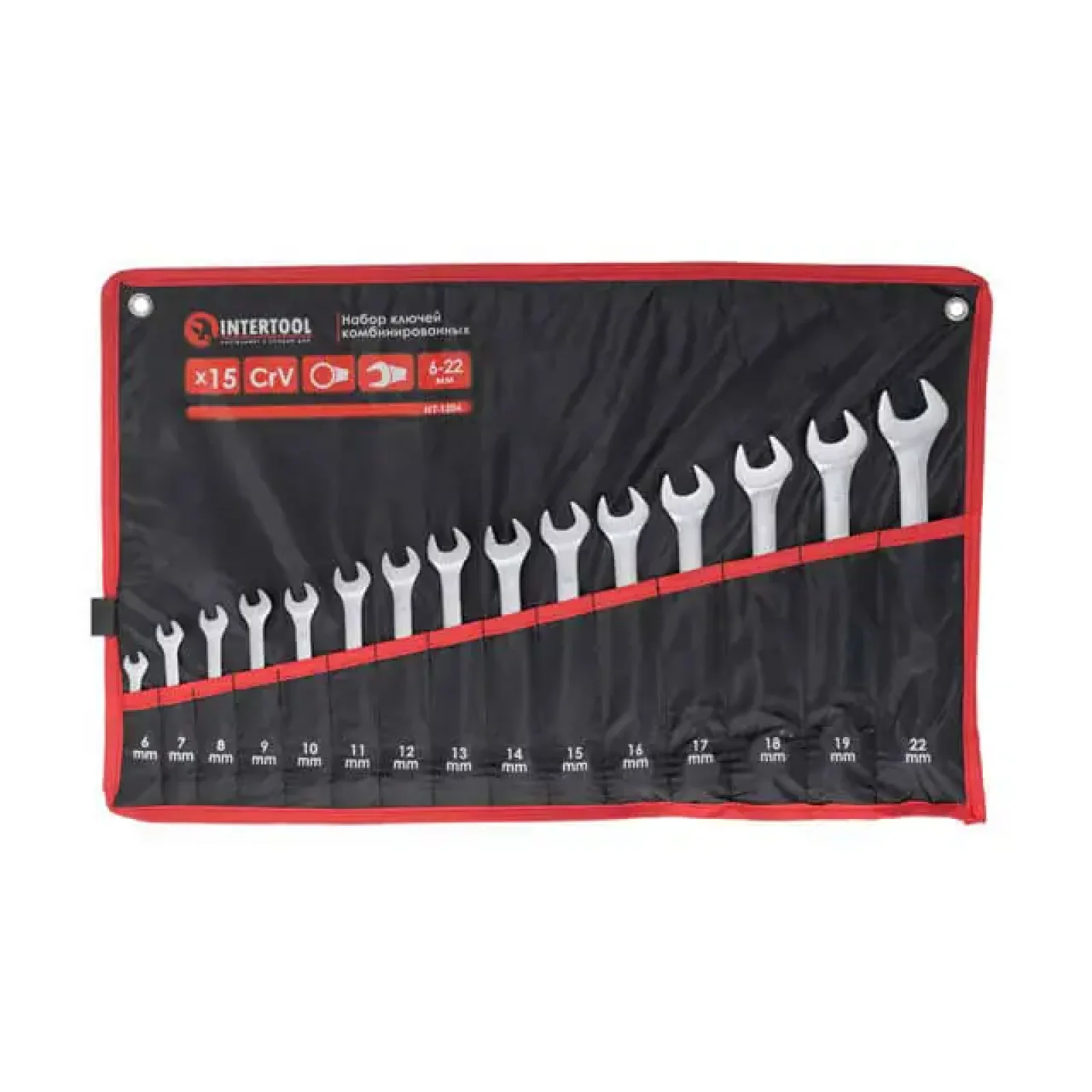 Набір ключів комбінованих, 15 шт., 6-19, 22 мм, Cr-V, чохол INTERTOOL (HT-1204) UA
