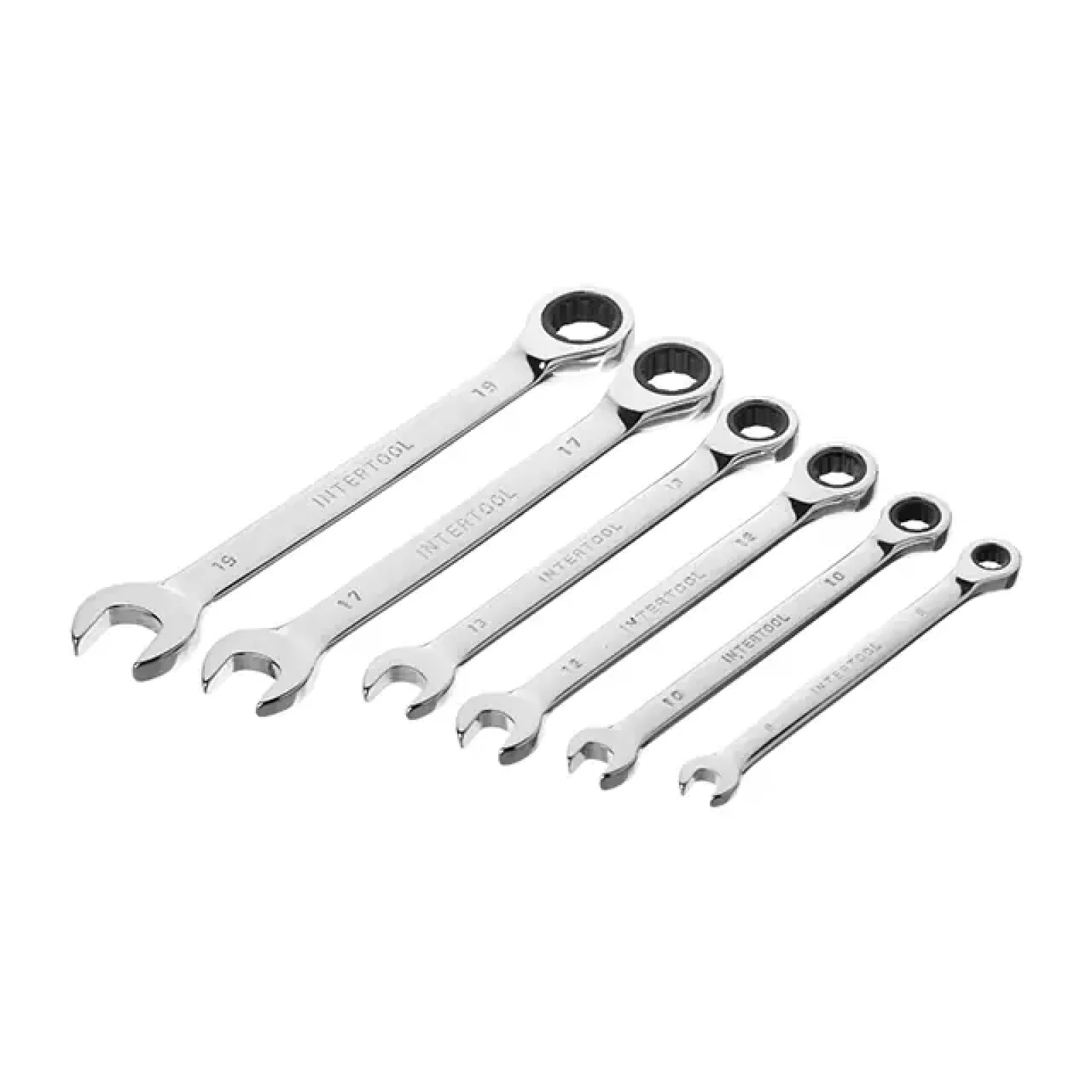 Набір ключів комбінованих, з тріскачкою, 6 шт., 8-19 мм, Cr-V, професійний, DIN3113 INTERTOOL (XT-1301) UA