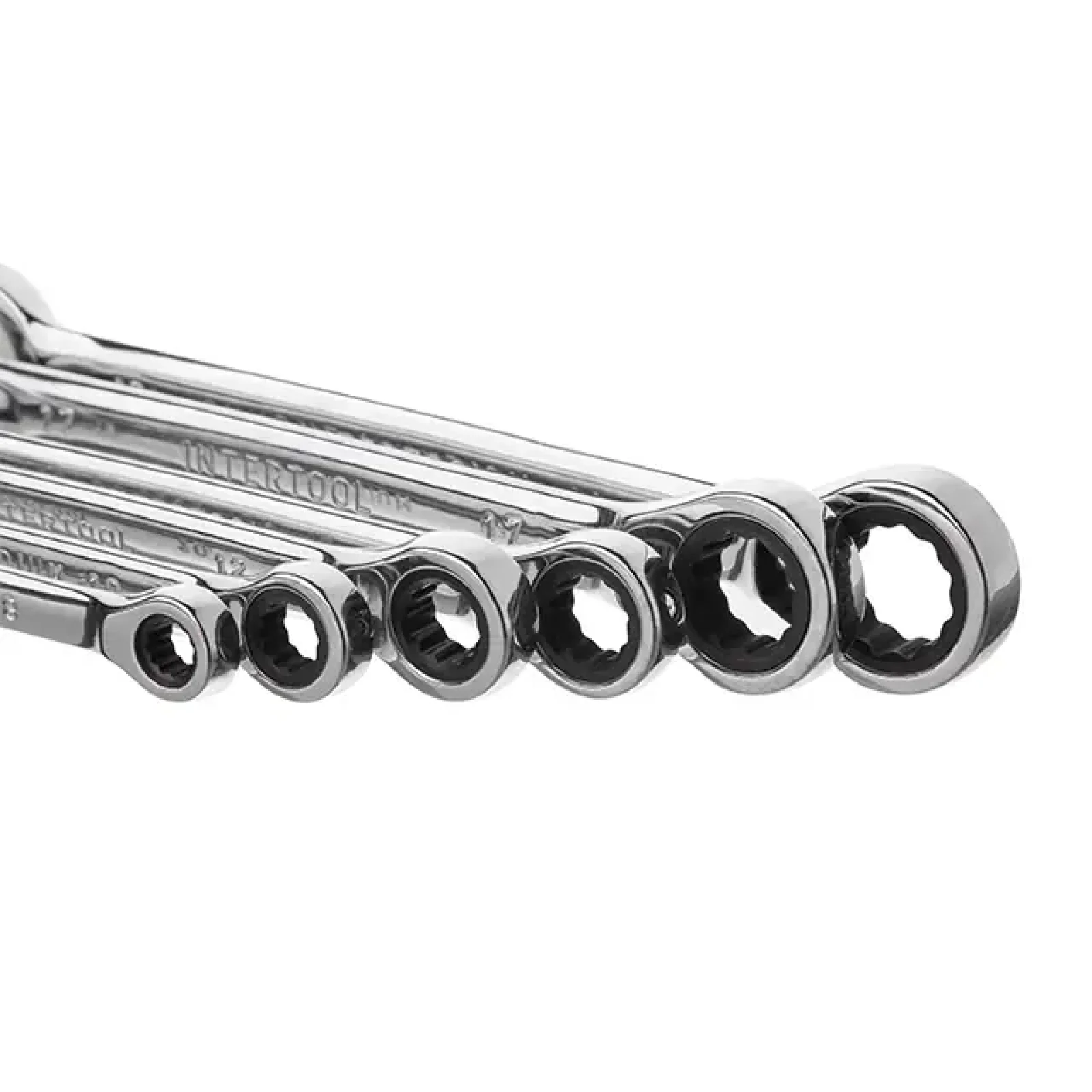 Набір ключів комбінованих, з тріскачкою, 6 шт., 8-19 мм, Cr-V, професійний, DIN3113 INTERTOOL (XT-1301) UA