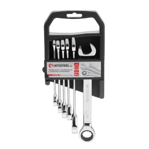 Набір ключів комбінованих, з тріскачкою, 6 шт., 8-19 мм, Cr-V, професійний, DIN3113 INTERTOOL (XT-1301) UA